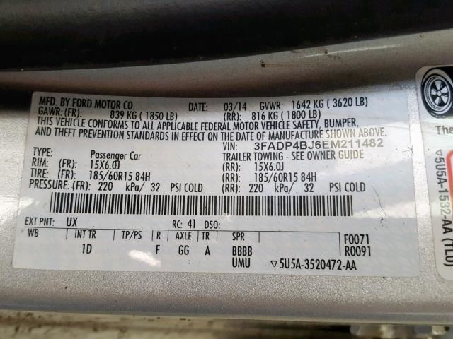 2014 FORD FIESTA Door Handle Left Driver Rear Interior 2013 2015 2016 2017