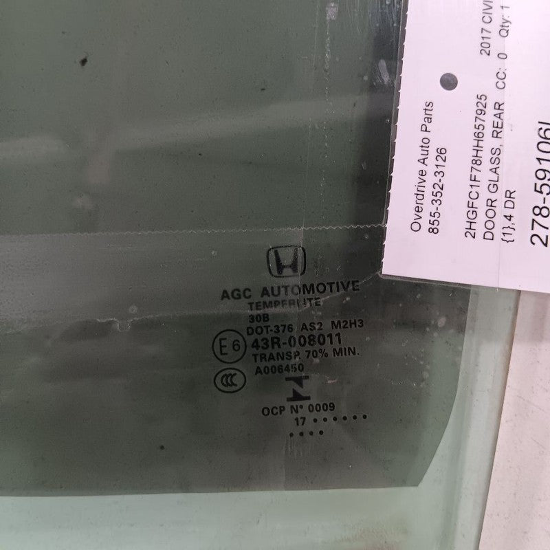 Driver Left Rear Door Glass Window Sedan Fits 16-21 Honda Civic
