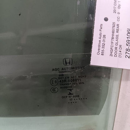 Driver Left Rear Door Glass Window Sedan Fits 16-21 Honda Civic