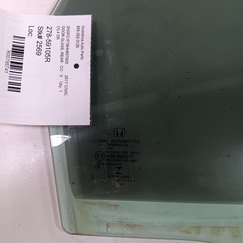 Passenger Right Rear Door Glass Window Sedan Fits 16-21 Honda Civic OE