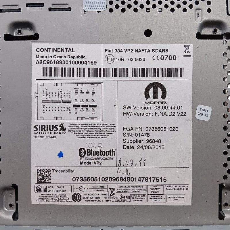 Audio Equipment Radio Display 4 Door X Model AM-FM Uconnect Fits 16-17 FIAT 500